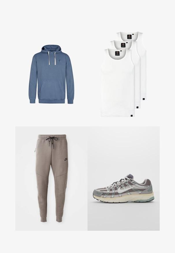 Blauwe hoodie van zacht materiaal, met een voorzak, verstelbare capuchon met trekkoord, en een ronde logo op de borst.; Drie witte geribde tanktops van katoen. Kenmerken zijn een ronde hals en kleine zwarte labels nabij de zoom. Verkrijgbaar in meerdere maten.; Grijze Nike-sweatpants met een verstelbare tailleband, taps toelopende benen, zijzakken en opvallende naaddetails. Zachte, gestructureerde stof.; Grijze sportieve schoen met een bovenwerk van mesh en suede, witte accenten, een gevoerde zool en een onderscheidend ontwerp met reflecterende elementen.