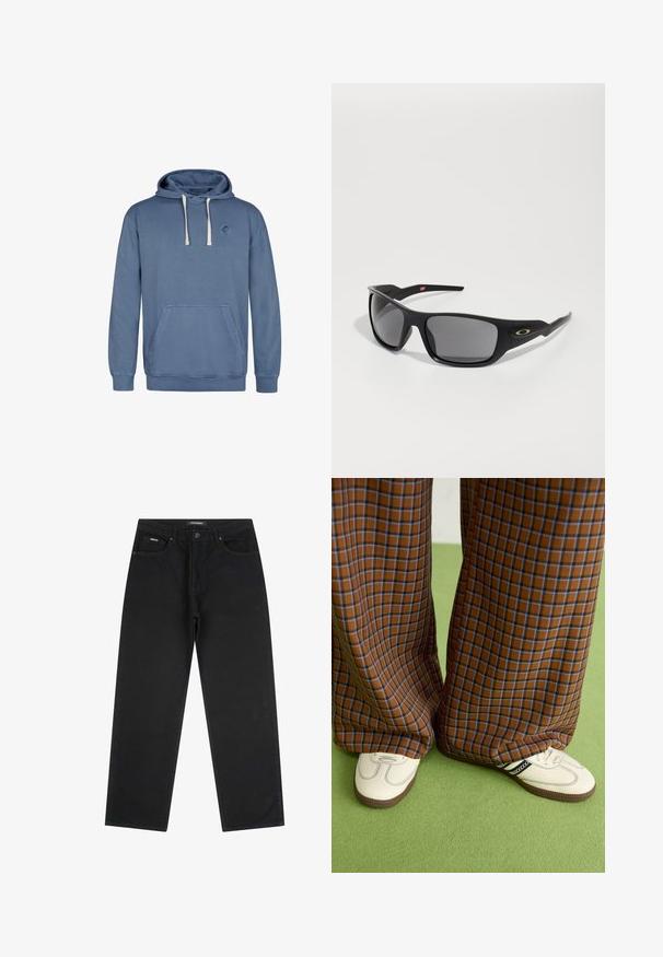 Blaue Kapuzenjacke aus weichem Stoff, mit einer Fronttasche, verstellbarem Kordelzug an der Kapuze und einem runden Logo auf der Brust.; Schwarze gerade geschnittene Jeans mit vorderem Knopf und Reißverschluss, Gürtelschlaufen und Fünf-Taschen-Design, auf einem weißen Hintergrund flach ausgelegt.; Braun und blaue Karohosen mit weitem Bein, kombiniert mit weißen Schuhen mit schwarzen Akzenten und strukturierten Sohlen, vor einem grünen Hintergrund.; Schwarze Sonnenbrille mit rechteckiger Form, aus robustem Kunststoff gefertigt, mit grauen getönten Gläsern und einem goldenen Akzent an der Seite.