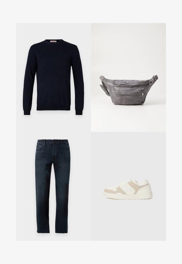 Pulover bleu marin cu gât rotund, fabricat dintr-un material tricotat fin, având mâneci lungi și manșete și tiv ondulate. Design minimalistic, fără modele.; Jeansi de culoare albastru închis, fabricați din material denim, având un design cu picior drept, cu închidere frontală cu buton și fermoar și cinci buzunare.; Adidași albi și bej, cu o combinație de texturi netede și din suede, vârf rotund, închidere cu șireturi și talpă plată din cauciuc.; Borseta gri din suede, cu o formă rotunjită, două compartimente cu fermoar și curea ajustabilă. Are accente din metal.