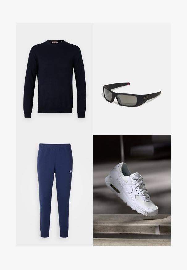 Laivastonsininen pyöreäkauluksinen neulepaita, joka on valmistettu sileästä neulekankaasta. Paidassa on pitkät hihat sekä ribbaus hihansuissa ja helmassa. Yksinkertainen muotoilu ilman kuvioita.; Tummansininen Nike-housut, jotka on valmistettu pehmeästä puuvillasekoitteesta. Niissä on elastinen vyötärö, kapeat lahkeet ja pieni valkoinen logo sivulla.; Valkoiset Nike Air Max 90 -lenkkarit, joissa on verkko- ja nahkapinta, rei'itetty kärki ja näkyvä ilmayksikkö kantapäässä.; Mustat aurinkolasit matta-pinnalla, suorakulmaiset linssit, hieman kaarevat tempaukset, hienovarainen logo-yksityiskohta ja savunväriset linssit.