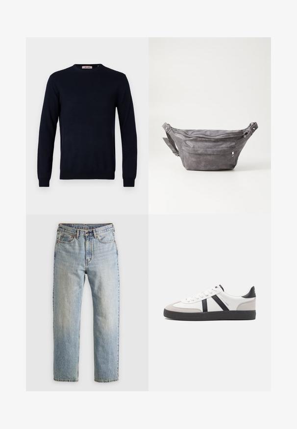 Marineblauwe ronde hals trui van een gladde tricot stof, met lange mouwen en geribbelde manchetten en onderkant. Minimalistisch ontwerp zonder patronen.; Lichtblauwe denim jeans met hoge taille, frontknop, rits en vijfzakkenontwerp, plat gelegd op een neutrale achtergrond.; Witte sneaker met zwarte en grijze accenten, voorzien van een grijze neus met textuur, zwarte rubberen zool en platte witte veters. Schoon ontwerp, minimalistische stijl.; Grijze suède heuptas met een ronde vorm, twee met rits afgesloten compartimenten en een verstelbare band. Voorzien van metalen accenten.