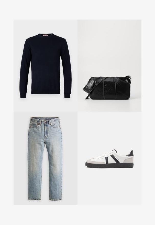 Marineblauer Rundhals-Pullover aus einem glatten Strickstoff, mit langen Ärmeln und gerippten Bündchen und Saum. Minimalistisches Design ohne Muster.; Helle blaue Jeans mit hoher Taille, Frontknopf, Reißverschluss und fünf Taschen-Design, flach auf einem neutralen Hintergrund ausgelegt.; Weiße Sneaker mit schwarz- und grau-aczenten, ausgestattet mit einer strukturierten grauen Zehenkappe, schwarzer Gummi-Sohle und flachen weißen Schnürsenkeln. Sauberes Design, minimalistische Stil.; Schwarze Leder Schultertasche mit Reißverschluss, ausgestattet mit einer strukturierten Oberfläche, weißen Nähten und einem Tragegurt mit silbernen Ösen.