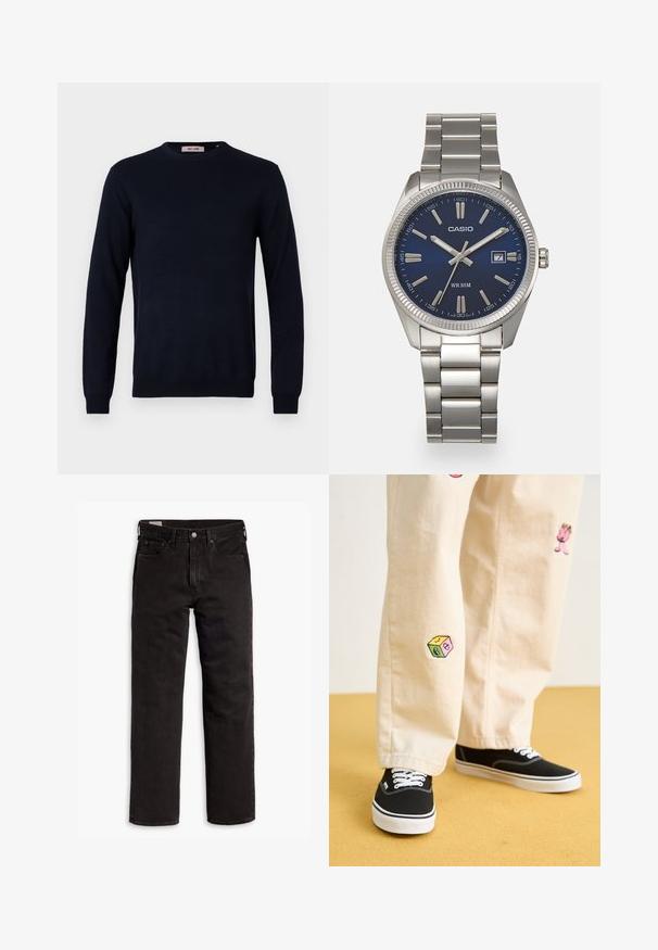 Maglione blu navy a girocollo realizzato in un tessuto a maglia morbida, con maniche lunghe e polsini e orlo a coste. Design minimalista senza motivi.; Jeans in denim neri a gamba dritta con cinque tasche, chiusura a bottone e passanti per cintura, adagiati su uno sfondo bianco.; Pantaloni di cotone beige con divertenti ricami che includono un personaggio rosa e un blocco colorato, abbinati a sneaker nere con lacci.; Orologio da polso in acciaio inossidabile argento con quadrante blu navy, indici metallici e finestra della data alle 3. Resistente all'acqua fino a 50 metri.