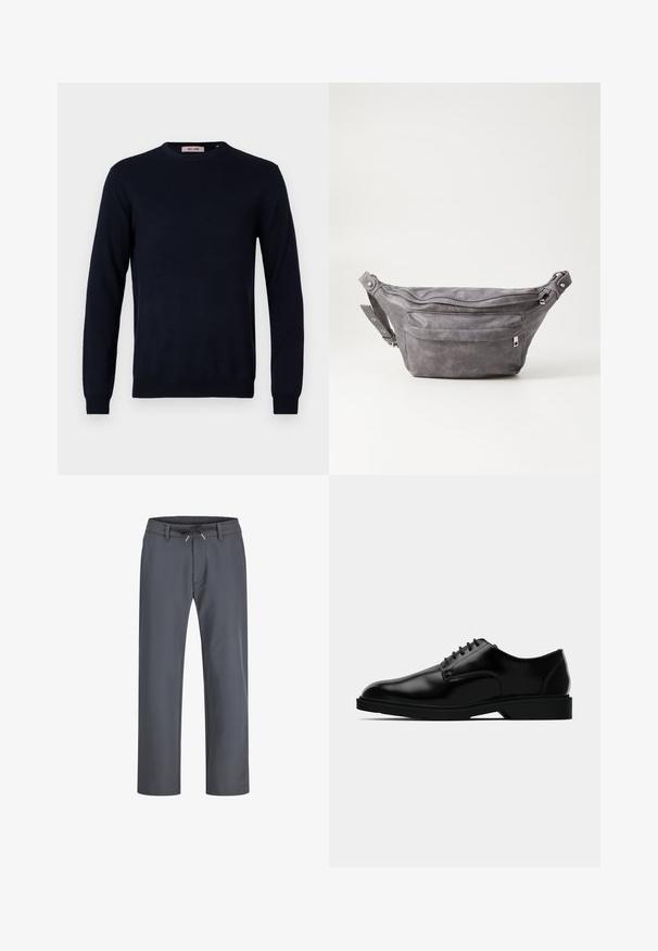 Tamsiai mėlynas apvalaus kaklo megztinis, pagamintas iš lygios mezgimo medžiagos, su ilgomis rankovėmis ir raštuotais rankogaliais bei apdaila. Minimalistinis dizainas be raštų.; Pilki, elastinga juosta apatiniai su raišteliu. Tiesių kojų dizainas, pagamintas iš lygaus audinio, turi minimalų siuvimą ir jokių matomų detalių.; Juodas odinis klasikinis batelis su lygiu paviršiumi, apvaliu nosiu, raišteliais ir diskretišku guminio pado dizainu, užtikrinančiu sukibimą.; Pilkas suedes fanny pack'as apvalios formos, su dviem užtraukiamais skyreliais ir reguliuojama diržele. Yra metaliniai aksesuarai.