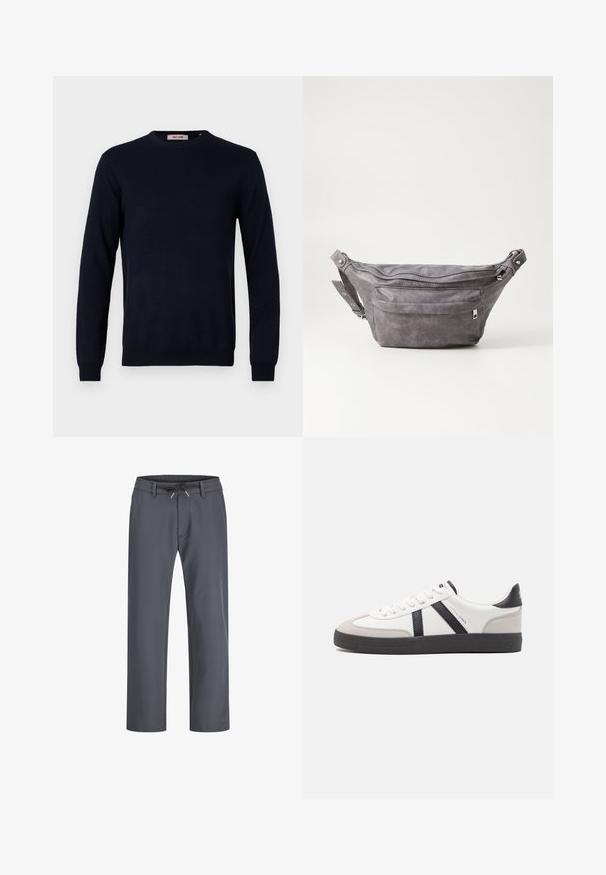 Navy blue round-neck sweater made from a smooth knit fabric, featuring long sleeves and ribbed cuffs and hem. Minimalistic design with no patterns.; Gray, elastic waistband pants with a drawstring. Straight leg design, made from smooth fabric, feature minimal stitching and no visible hardware.; White sneaker with black and gray accents, featuring a textured gray toe cap, black rubber sole, and flat white laces. Clean design, minimalist style.; Gray suede fanny pack with a rounded shape, two zippered compartments, and adjustable strap. Features metal hardware accents.