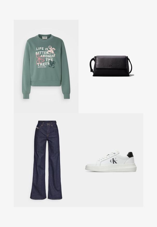 Vihreä puuvillaneule pitkillä hihoilla, ribatulla hihansuulla ja helmalla. Musteena valkoista ja vaaleanpunaista tekstiä kukkakuviolla, jossa lukee "ELÄMÄ ON PARHAIMMILLAAN PUUN KATVEESSA."; Tummansiniset leveälahkeiset farkut denimmateriaalista, joissa on korkea vyötärö. Niissä on oranssit tikkaus, viisi taskua ja napitus.; Valkoiset matalat tennarit, joissa on musta kantapää, alustasolki, nauhat ja Calvin Kleinin "CK" logo sivuilla.; Musta nahkainen clutch-laukku, jossa on suorakulmainen muoto, sileä pinta, litteä läpän sulkumekanismi ja pieni kahva sivussa. Mukana hienovarainen logo.