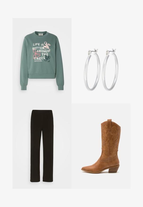 Felpa in cotone verde con maniche lunghe, polsini e orlo a coste. Presenta testo bianco e rosa con motivi floreali, che dice "LA VITA È MEGLIO TRA GLI ALBERI."; Pantaloni neri a gamba dritta realizzati in tessuto intrecciato, con parte anteriore piatta, due tasche laterali e una superficie liscia. Nessun motivo o decorazione visibile.; Stivale cowboy in pelle marrone chiaro con punta affusolata, modelli ricamati a spirale sull'asta e tacco a blocco impilato. Presenta una linguetta per una facile calzata.; Orecchini a cerchio in argento con una finitura liscia e lucida. Forma rotonda e chiusura a scatto sicura. Design leggero adatto per l'uso quotidiano.