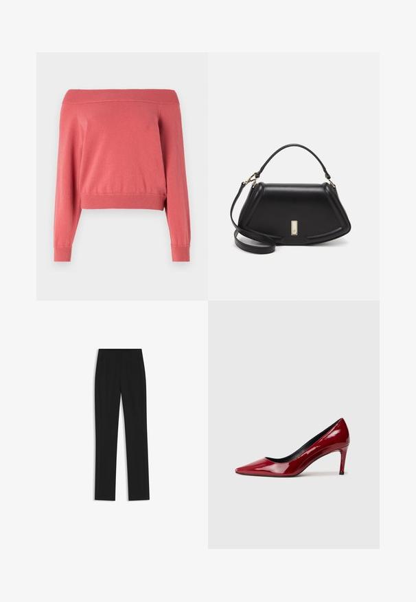 Maglione corallo scaldacolle con maniche lunghe, collo e polsini a costine, e vita aderente. Tessuto morbido e testurizzato.; Pantaloni neri su misura con un design a gamba dritta, dotati di tasche frontali e un tessuto liscio e strutturato. Dettagli ordinati e minimalisti.; Scarpa con tacco alto in pelle verniciata rossa, con punta affusolata e tacco sottile. Texture liscia con finitura lucida e rivestimento interno nero.; Borsa a mano in pelle nera con un design strutturato, caratterizzata da una forma corta, manico superiore e accessori in metallo dorato. Inclusa tracolla regolabile.