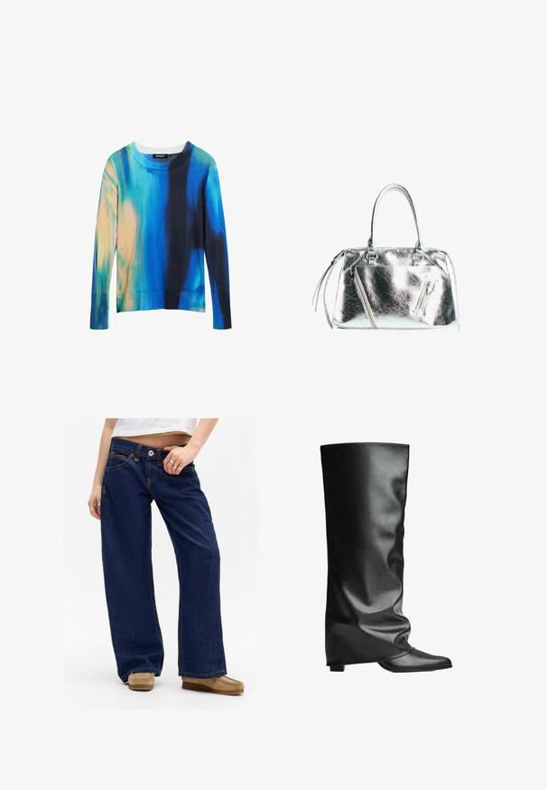 Mehrfarbiger Langarm-Pullover mit Rundhalsausschnitt, der eine Mischung aus blauen, türkisfarbenen und orangen Farbtönen aufweist, mit geripptem Saum und weicher Textur.; Weite, dunkelblaue Jeans aus Denim mit kontrastierendem gelbem Stich, fünf Taschen und einem Knopfverschluss. Der Stoff hat eine glatte Textur.; Schwarze lederne kniehohe Stiefel mit glatter Textur, lockerer Passform, spitz zulaufender Zehenpartie und niedrigem, quadratischem Absatz. Minimalistischer Stil ohne sichtbare Beschläge.; Metallic silberne Handtasche mit strukturierter Form, zwei oberen Griffen und Reißverschlussfächern auf der Vorderseite. Glatte, glänzende Textur.
