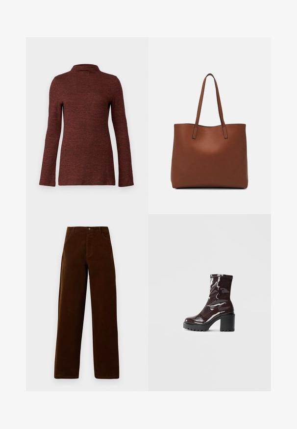 Camisola de gola alta de manga longa na cor ferrugem texturizada, apresentando uma silhueta ajustada e um tecido liso e suave.; Calças de corduroy castanhas, de perna reta, com bolsos frontais, passantes para cinto e fecho com botão, num fundo branco.; Bota de tornozelo burgundy brilhante com um salto preto robusto, apresentando uma textura suave e um design simples. Sem fechos ou padrões visíveis.; Bolsa tote de couro castanho com uma textura suave, design de abertura superior e duas alças para o ombro. Apresenta costura mínima e sem hardware visível.