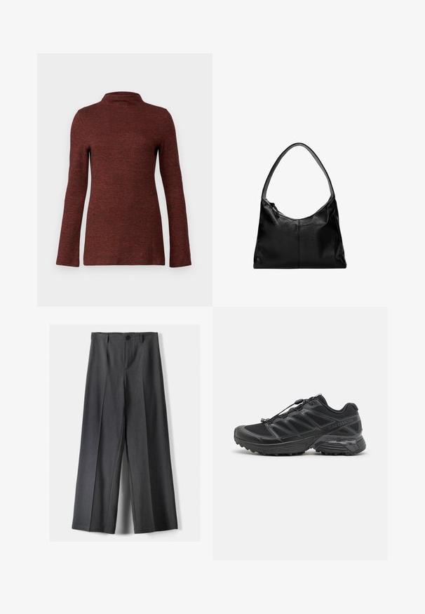 Top cu mânecă lungă și guler înalt, de culoare ruginită texturată, având o siluetă ajustată și un material neted, moale.; Pantaloni evazați din țesătură gri închis, cu închidere cu buton, pliseuri frontale și curea. Textură netedă cu un design ajustat.; Pantofii de alergare negri cu partea superioară din plasă și materiale sintetice, talpă flexibilă și șireturi elastice. Au un intermediar căptușit pentru confort.; Geantă de umăr din piele neagră cu o textură netedă, un vârf curbat și o singură curea. Dispune de un sistem de închidere prin fermoar și un design minimalist.