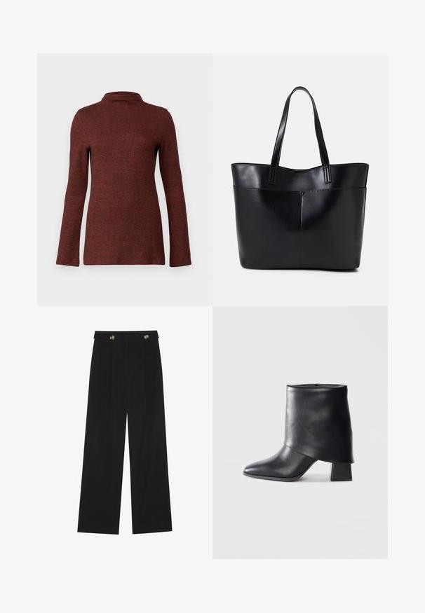 Långärmad polokrage topp i en texturerad rostfärg, med en figursydd silhuett och ett mjukt, slätt tyg.; Svarta vida byxor med hög midja, knäppdetaljer i midjan och framfickor.; Svart läder ankelboot med spetsig tå, slät textur och en strukturerad blockklack. Har en hög, vikbar krage.; Svart läder tote-väska med två långa handtag, en slät yta och en strukturerad form. Har en framficka för extra förvaring.