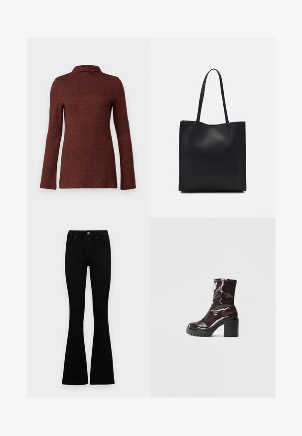 Langermet genser med høy hals i en teksturert rustfarge, med en tettsittende silhuett og glatt, myk stoff.; Sorte høytlivsjeans med knapp og glidelås, frontlommer og utsvingte bein liggende flatt på en hvit bakgrunn.; Glinsende burgunder ankelstøvel med en kraftig svart hæl, med en glatt tekstur og enkelt design. Ingen synlige lukkinger eller mønstre.; Svart lær tote bag med glatt tekstur, rektangulær form og to lange håndtak. Ingen synlige deler eller dekorasjoner.
