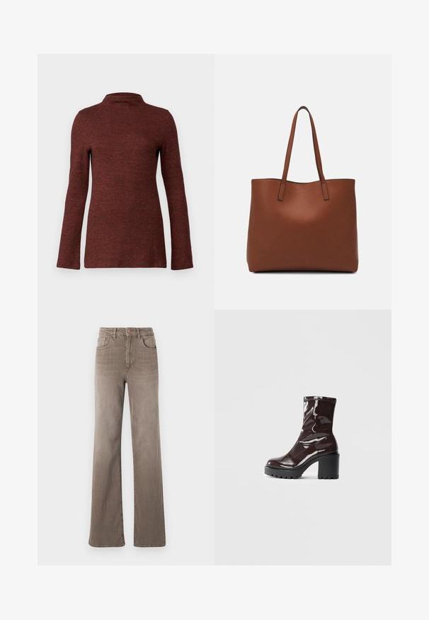 Langermet genser med høy hals i en teksturert rustfarge, med en tettsittende silhuett og glatt, myk stoff.; Brune høy midje rette jeans med frontknapp, beltesløyfer og klassisk fem-lomme design på hvit bakgrunn.; Glinsende burgunder ankelstøvel med en kraftig svart hæl, med en glatt tekstur og enkelt design. Ingen synlige lukkinger eller mønstre.; Brun lær tote veske med en jevn tekstur, åpen toppdesign og to skulderstropper. Har minimal søm og ingen synlige spiker.