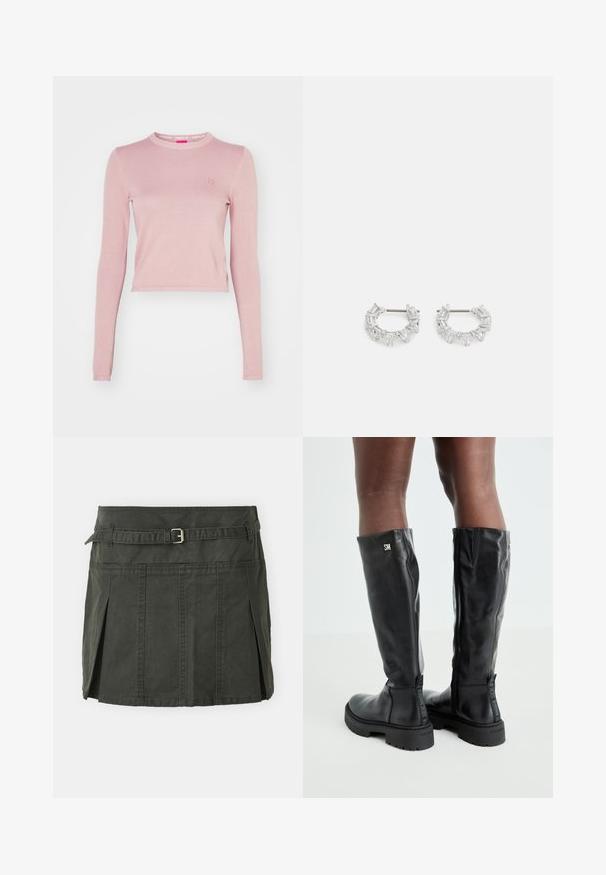 HUGO SCALLIA - Pullover - light/pastel pink; Jupe mini en coton vert foncé avec une taille cintrée, une ceinture et des plis sur le devant. Présente des détails de couture et une coupe classique.; Bottes noires en cuir montantes jusqu'aux genoux, avec une texture lisse, un bout arrondi, une semelle épaisse et une fermeture éclair. Présente un logo argent sur le côté.; Boucles d'oreilles en argent en forme de créoles avec des cristaux clairs, rectangulaires et triangulaires disposés en motif. Fermeture à tige pour un maintien sûr.