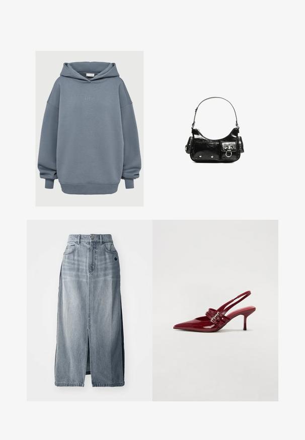 Hoodie blu polvere a vestibilità comoda, con polsini e orlo a coste, tasca a marsupio frontale e piccolo testo ricamato "LeGer" sul petto.; Gonna in denim blu chiaro con spacco frontale, due tasche e dettaglio logo. Presenta una vita alta e un design dritto, realizzata in tessuto resistente.; Décolleté slingback in vernice rossa con punta affusolata, due cinturini con fibbia e un sottile tacco a stiletto di media altezza. Texture liscia.; Borsa a spalla in vernice nera con forma curvata, una tracolla, tasche frontali e dettagli in metallo argentato.