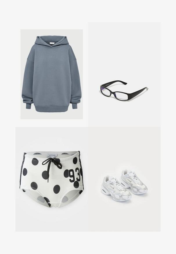 Hanorac bleumarin deschis, cu o croială lejeră, cu manșete și tiv cu detalii din tricot, buzunar frontal tip kangaroo și text mic brodat "LeGer" pe piept.; Pantaloni scurți de baie cu buline negre și albe, cu un brâu cu șnur, având numărul "93" pe față și un material neted și elastic.; Adidași albi sport cu un superior din plasă și accente argintii, cu o formă unică și amortizare cu aer în călcâi. Design cu șireturi și logo.; Ochelari dreptunghiulari negri cu lentile clare. Finisaj lucios, brațe înguste și nuanță purpurie vizibilă la marginea lentilelor.