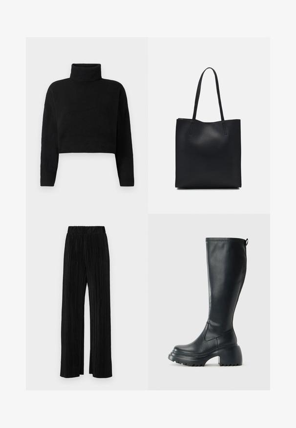 Črna skrajšana pletena jopica z visokim ovratnikom, dolgimi rokavi in mehko teksturo. Preprost dizajn brez vzorcev ali vidnih dodatkov.; Črne plisirane hlače z elastičnim pasom. Imajo široke noge in gladko, teksturirano tkanino z navpičnimi črtami.; Visoka črna usnjena škornja s debelim podplatnim solejem in blok peto, opremljena s potegom in strukturiranim profilom na podplatu.; Črna usnjena torba s svilnato teksturo, pravokotne oblike in dvema dolgima ročajema. Brez vidnih metalnih delov ali okrasnih elementov.