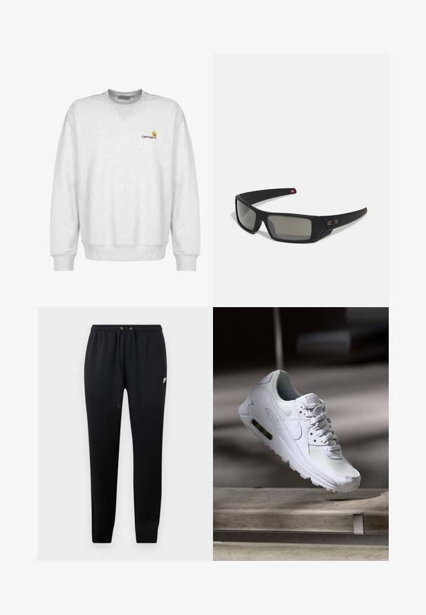 Grå fleece sweatshirt med rund hals, ribstrikkede manchetter og kant, med et lille brunt Carhartt-logo på venstre brystområde.; Sorte sweatshirtbukser lavet af blødt stof, med elastisk talje og snoretræk, ribbede ankler og en lille logo-detalje på siden.; Hvide Nike Air Max 90 sneakers med en overdel i mesh og læder, perforeret tåboks og en synlig luftenhed i hælen.; Sorte solbriller med mat finish, rektangulære linser, let kurve ved templerne, diskret logo detaljer og røgfarvede linser.