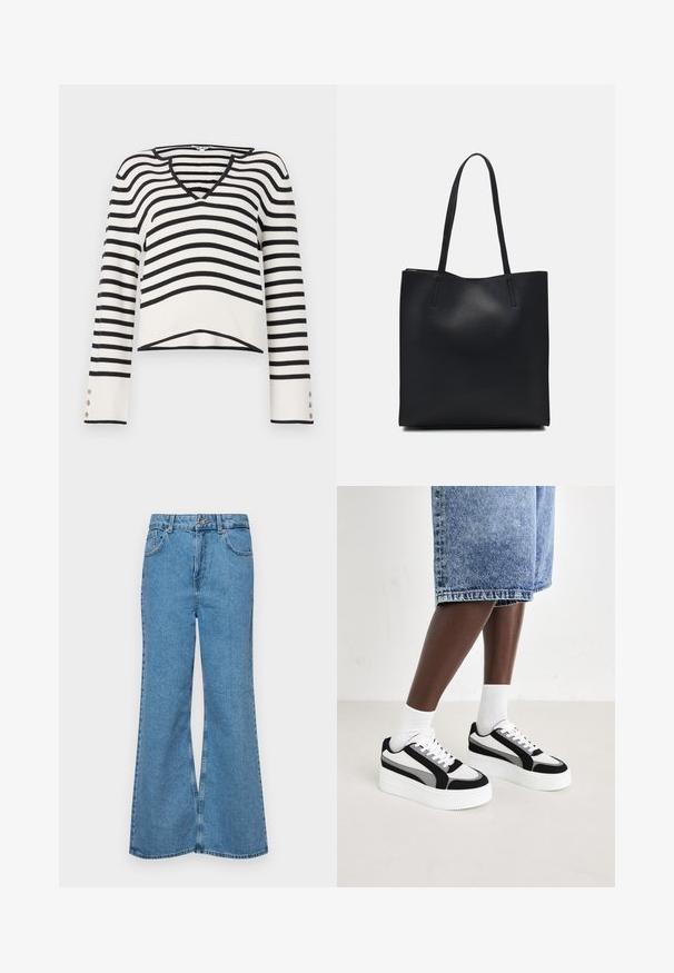 Maglione a righe bianche e nere, design a V, maniche lunghe con dettagli a bottoni, texture lavorata a maglia, orlo corto.; Jeans svasati di un blu chiaro, realizzati in denim, con vita alta, cinque tasche e chiusura a un bottone. Morbido al tatto con una finitura scolorita.; Sneakers platform bianchi, neri e grigi con un design testurizzato. Presentano una parte superiore liscia, chiusura con lacci e suola in gomma.; Borsa tote in pelle nera con texture liscia, forma rettangolare e due manici lunghi. Nessun hardware o decorazione visibile.