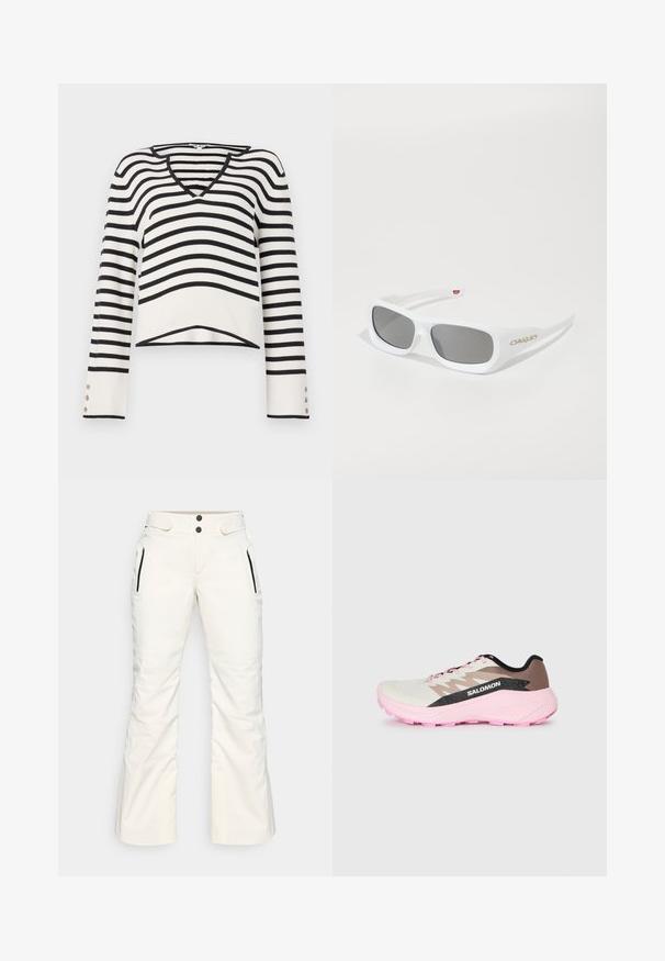 Pull noir et blanc à rayures, design en V, manches longues avec accents de boutons, texture tricotée, ourlet court.; Pantalons de ski blancs avec une texture lisse, comportant deux poches latérales zippées, deux boutons à la taille et un design de jambes légèrement évasées.; Chaussure de running légère en blanc, marron et rose. Présente un dessus respirant, des accents gris texturés et une semelle en caoutchouc rose.; Lunettes de soleil rectangulaires blanches Oakley avec des verres foncés reposant sur une surface blanche, logo visible sur le côté.