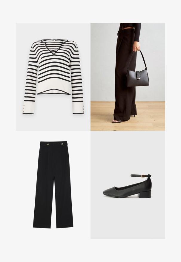 Sort-hvid stribet sweater, V-udskæring, lange ærmer med knapdetaljer, strikket tekstur, cropped længde.; Sorte vide bukser med høj talje, knapdetaljer på taljebåndet og frontfald.; Sorte læderpumper med spids tå og en lav blokhæl. Har en ankelrem med en guldfarvet spænde. Glat tekstur.; Sort håndtaske med struktureret form, glat overflade og metalspænde. Sammen med brede sorte bukser og sandaler med åben tå på trægulv.