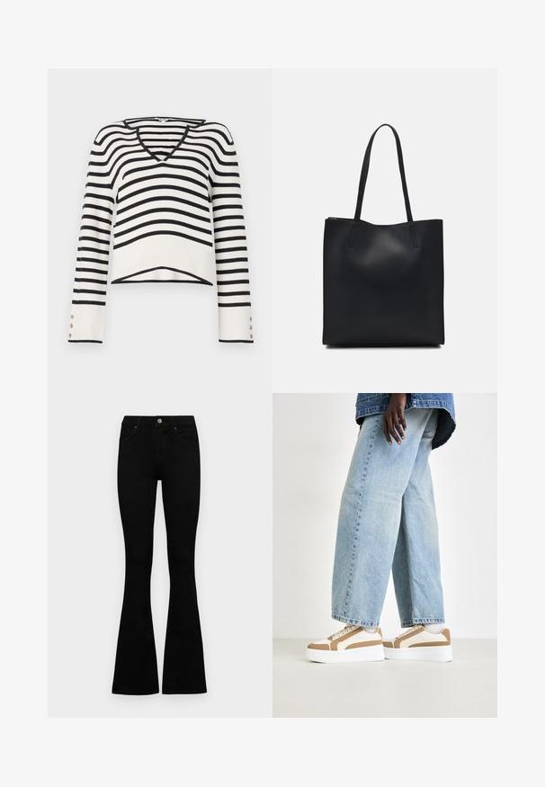 Pulover cu dungi alb-negru, design cu decolteu în V, mâneci lungi cu accente din nasturi, textură tricotată, tiv scurt.; Jeans negri cu talie înaltă, cu închidere prin nasture și fermoar, buzunare frontale și picioare evazate, așezați pe un fundal alb.; Adidași cu platformă, cu o talpă albă, accente bej și un amestec de texturi textile, asortați cu blugi din denim deschis la culoare, cu croială lejeră.; Geantă tote neagră din piele, cu textură netedă, formă rectangulară și două mânere lungi. Fără hardware vizibil sau ornamente.