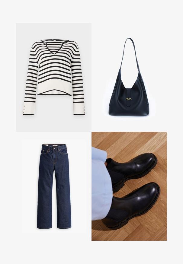 Pulover cu dungi alb-negru, design cu decolteu în V, mâneci lungi cu accente din nasturi, textură tricotată, tiv scurt.; Jeans din denim dreapta, de culoare albastru închis, cu cinci buzunare, cusături portocalii și închidere cu nasture.; Cizme negre până la gleznă, fabricate din piele netedă, cu panouri elastice pe laterale, o talpă din cauciuc texturat și cusături în contrast pe margine.; Geantă din piele neagră cu un design moale și lejer. Dispune de o curea plată și de un închizător central decorat cu un accent auriu.