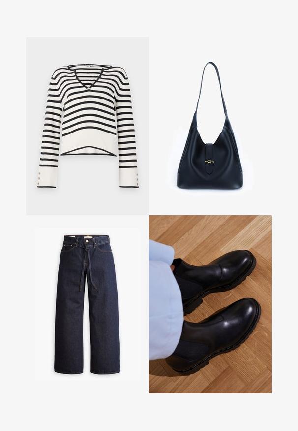 Črno-bele črtaste pulover z V-izrezom, dolge rokave z gumbnimi poudarki, pletena tekstura, skrajšan rob.; Široke temno modre kavbojke z visokim pasom, ki imajo vrvico za zavezovanje, pet žepov in kontrastne šive.; Črne gležnjarje iz gladke usnje z elastčnimi stranskimi paneli, teksturo gumijastim podplatom in kontrastnim šivanjem ob robu.; Črna usnjena torbica s mehkobo in sproščenim dizajnom. Ima raven trak in osrednje zapiranje z zlatim poudarkom.