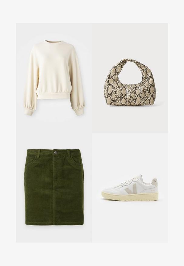 Kremfarget hettegenser med rund hals, ribbestrikket nederkant og ballongsleeves. Laget av et glatt, lett stoff.; Mørkegrønn kordfløyelskjørt med rett snitt, som har fem lommer og metallknapplåsing i livet.; Hvite lær sneakers med beige semsket detaljer, perforert tåboks, flate lisser og en teksturert kremfarget såle. Har subtil branding på hælen.; Veske med slangeskinnmønster og krummet håndtak. Laget av teksturerte, beige og brune materialer, med et særegent diamantmønster.