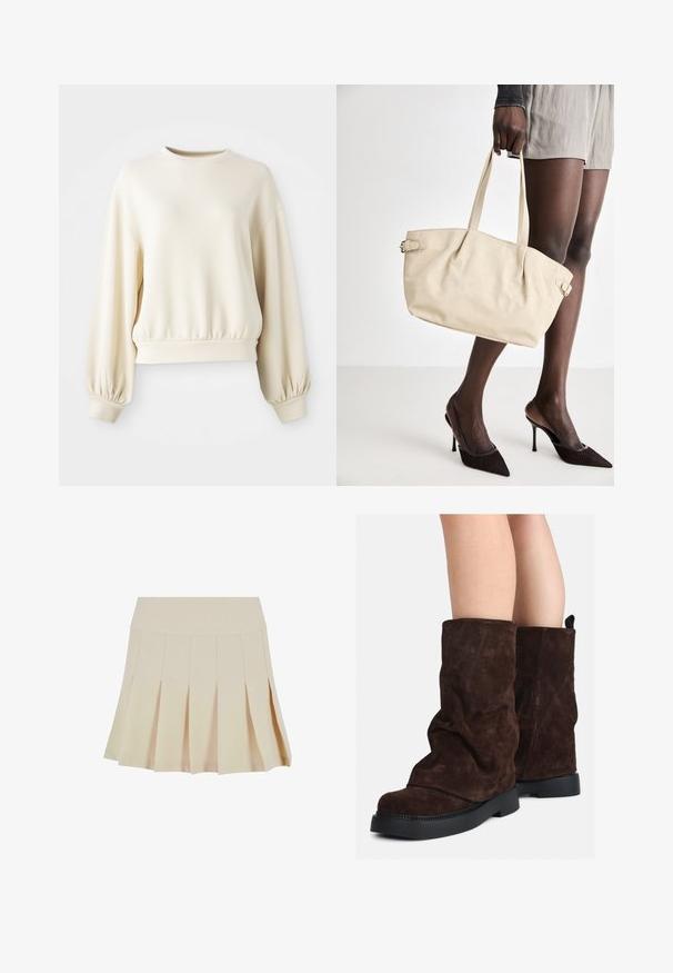 Kreminės spalvos džemperis su apvaliu iškirpimu, raukšlėtu apykakle ir pūstomis rankovėmis. Pagamintas iš lygaus, lengvo audinio.; Bežinė pilna sijonas su prigludusia juosta, pagamintas iš lygaus audinio. Turi kelias vertikalias klostes ir tiesų apatinį kraštą.; Rudi od suede iki blauzdų aukščio, su juodais gumos padais, dėvimi ant nuogų kojų, rodo lengvą raukšlių susidarymą ant batų šonų.; Kreminė rankinė su lygiu odiniu paviršiumi, išplanuota forma, dviem rankenomis ir šoninėmis sagtimis. Sujungta su elegantiškais juodais aukštakulniais batais.; Kremo spalvos paminkštinta galvos juosta su suktiniu dizainu, derinama su smėlio ir baltos spalvos juostelėmis marškiniais, turinčiais apvalų iškirpimą. Subtilūs papuošalų akcentai.