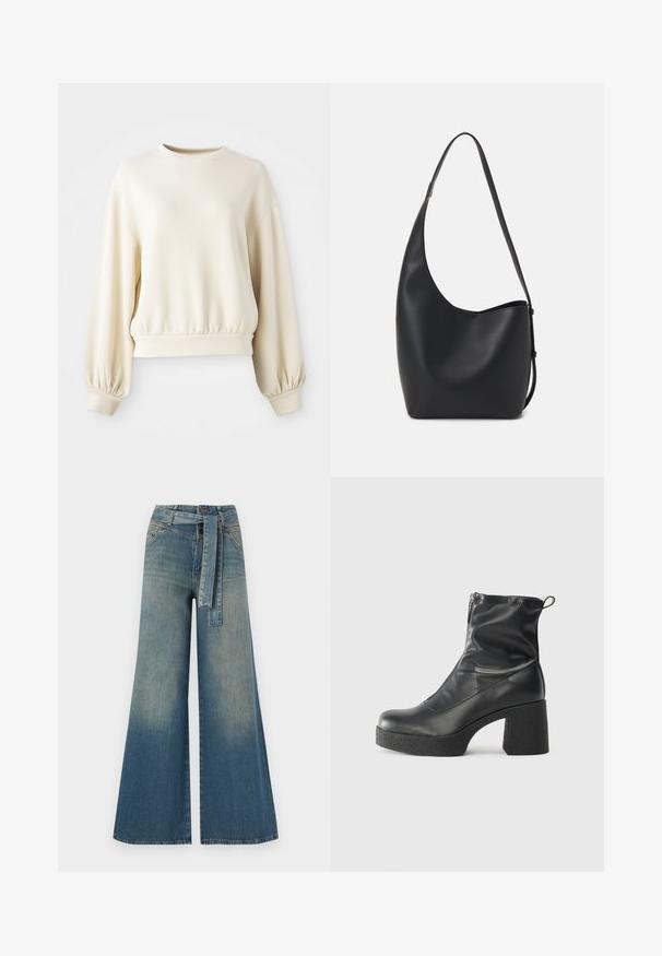 Krämfärgad sweatshirt med rund halsringning, ribbad nederkant och ballongärmar. Tillverkad av ett mjukt, lätt material.; Breda denimbyxor med en ljus till mörkblå gradient, hög midja, bälteshällor och ett matchande tygbälte. Texturerad denimfinish.; Svarta ankelstövlar i slitstark läder, med sidodragkedja, kraftig strukturerad klack och rundad tådesign.; Svart läder hobo-väska med en slät textur, kurvig form och en justerbar axelrem; har en bred öppning upptill.