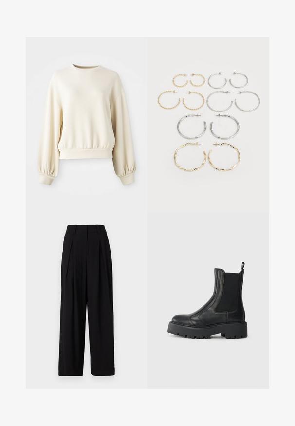Světle krémová mikina s kulatým výstřihem, žebrovaným lemem a balonovými rukávy. Vyrobena z hladkého, lehkého materiálu.; Černé široké kalhoty vyrobené z hladké tkaniny, s vysokým pasem, sklady vpředu a splývavým siluetou.; Černé kožené kotníkové boty s elastickými postranními panely, zaoblenou špičkou a masivními texturovanými gumovými podrážkami. Disponují poutkem na zadní straně.; Sada dvanácti náušnic ve tvaru kruhu ve stříbrných a zlatých tónech. Obsahuje zkroucené, hladké a texturované designy v různých velikostech a povrchových úpravách.
