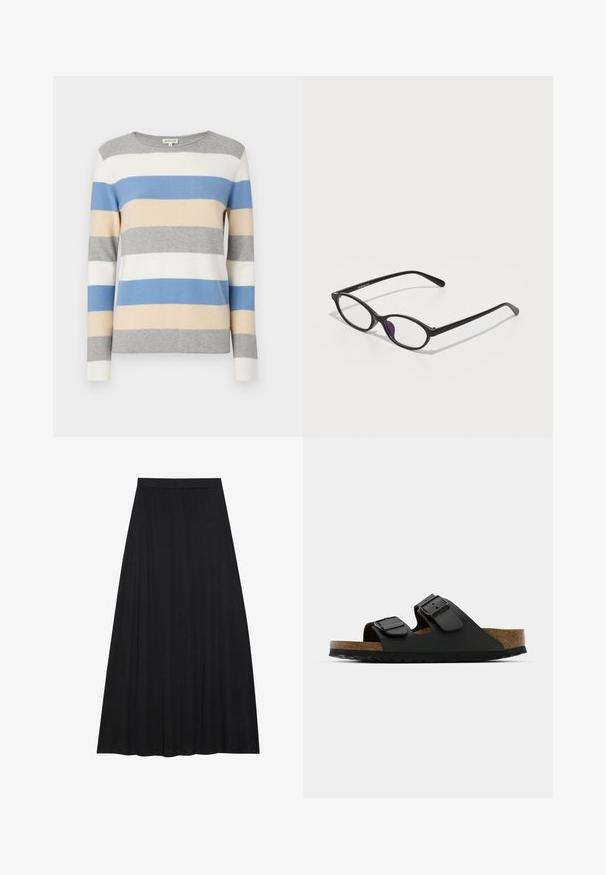 Gestreifter Pullover in Grau, Weiß, Blau und Beige. Weiches Strickmaterial, lange Ärmel und runder Ausschnitt. Horizontale Streifen in unterschiedlichen Breiten.; Schwarzer Maxirock aus weichem, fließendem Stoff. Er verfügt über einen elastischen Bund und eine volle, A-Linie Silhouette mit glatter Textur.; Schwarze Sandale mit zwei Riemen und verstellbaren Schnallen, Korkfußbett und strukturiertem Gummiprofil. Hat ein flaches, offenes Design für einfachen Tragekomfort.; Schwarze Kunststoffbrille mit ovaler Form, ausgestattet mit klaren Gläsern und einem lila Akzent auf dem linken Glas. Elegantes, minimalistisches Design.