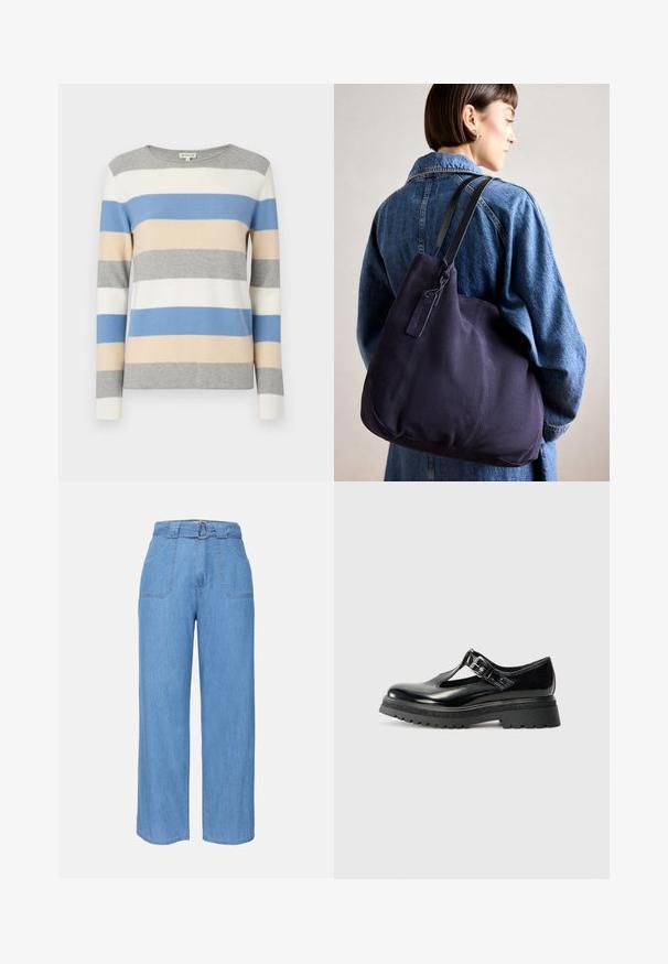 Striped sweater in gray, white, blue, and beige. Soft knit material, long sleeves, and a round neckline. Horizontal stripes in varying widths.; Light blue denim wide-leg trousers with a belted waist, two front pockets, and a plain texture. Features a minimalist design and clean lines.; Black patent leather shoe with T-bar design, chunky textured sole, and adjustable buckle. Features a smooth finish and rounded toe.; Navy canvas shoulder bag with a soft, structured shape, featuring a black strap, stitched detailing, and a small brand tag.
