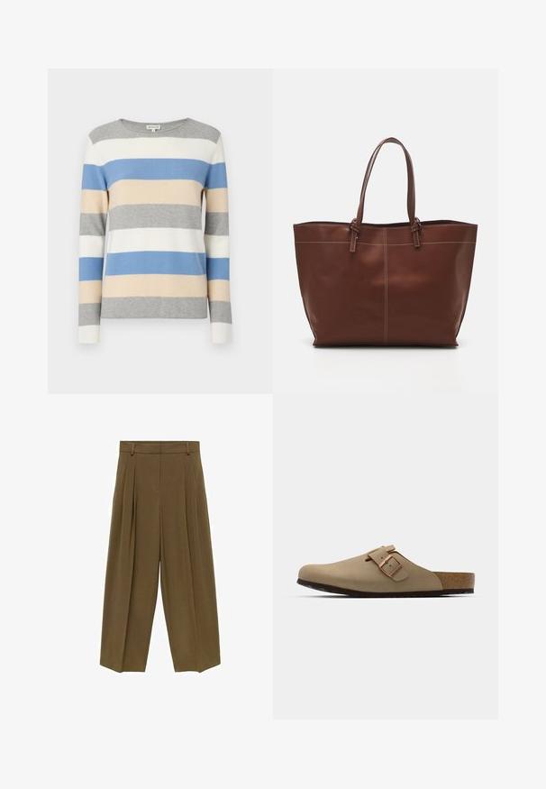 Stribet sweater i grå, hvid, blå og beige. Blødt strikmateriale, lange ærmer og rund halsudskæring. Vandrette striber i varierende bredder.; Brune pliserede bukser med høj talje, brede ben og blød stoftekstur, designet med fire bæltesløjfer og en ren front.; Beige klipklapper med rund tå, justerbar spænde og korksål. Tekstureret overflade med en sort gummisål for godt greb.; Brun læder tote taske med dobbelt håndtag, har kontraststing og et rummeligt design, velegnet til daglig brug.