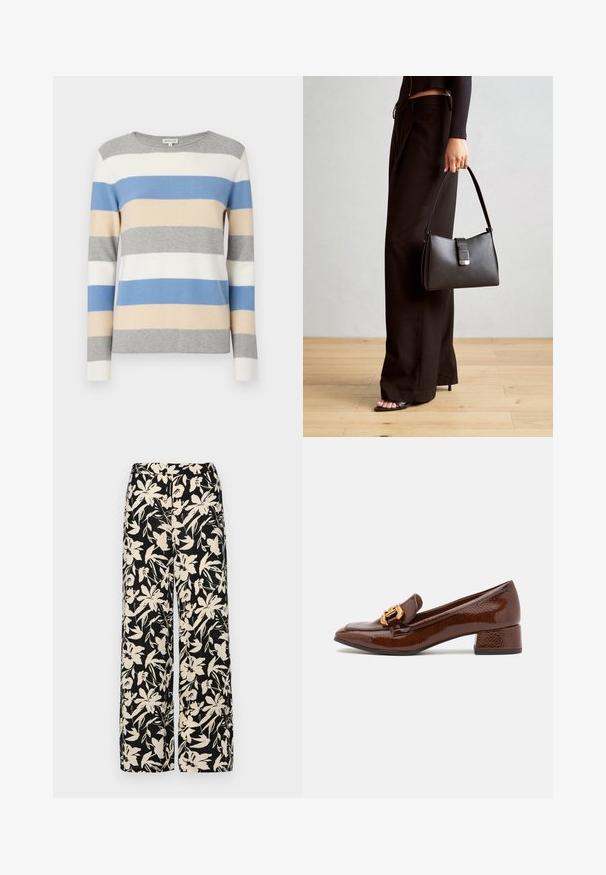 Striped sweater in gray, white, blue, and beige. Soft knit material, long sleeves, and a round neckline. Horizontal stripes in varying widths.; Black wide-leg pants with a cream floral pattern. Made of lightweight fabric, featuring a smooth texture and a high waistband.; Brown leather loafers with a glossy finish, featuring a decorative gold buckle on the front and a low block heel. Classic design.; Black handbag with structured shape, smooth texture, and a metallic clasp. Paired with wide black pants and open-toe sandals on wooden floor.