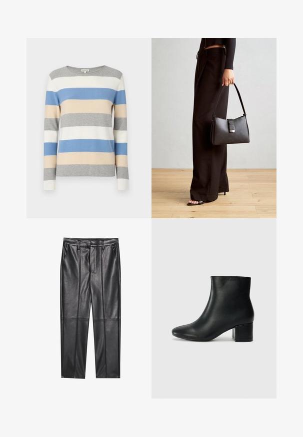 Prugasta pulover u sivoj, bijeloj, plavoj i bež boji. Mekani pleteni materijal, duži rukavi i okrugli izrez. Horizontalne pruge različitih širina.; Crne kožne hlače s glatkom teksturom, ravnog kroja, s dva prednja džepa i vidljivim šavovima.; Crne kožne čizme do članaka s uskim vrhom i debelim potplatom. Glatka tekstura s minimalnim detaljima i elegantan, prilagođen dizajn.; Crna torba s oblikom koji sadrži strukturu, glađu teksturu i metalnu kopču. Uparena s širokim crnim hlačama i sandalama na otvorenom s drvenog poda.