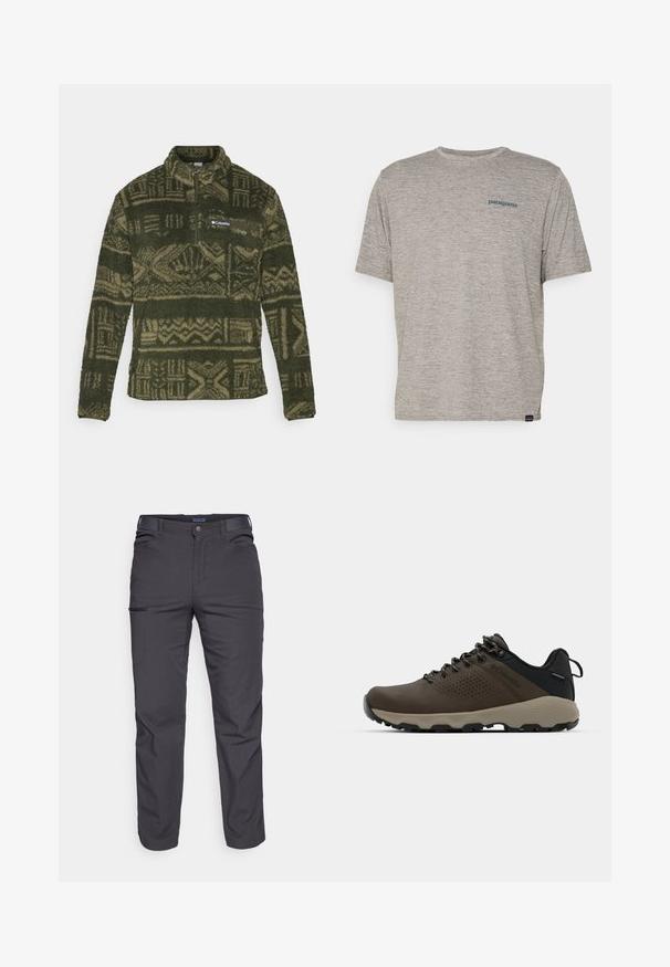 Olivgrüner Fleece-Pullover mit Muster, halb mit Reißverschluss und Columbia-Logo-Patch auf der Brusttasche.; Graues T-Shirt mit kurzen Ärmeln, aus weichem, strukturiertem Stoff, mit einem kleinen blauen Patagonia-Logo auf der linken Brust. Keine zusätzlichen Muster.; Dunkelgraue Hose aus strapazierfähigem Material, mit einer Reißverschlusstasche, geradem Schnitt und Gürtelschlaufen für eine verstellbare Passform.; Braune wasserdichte Sneakers mit einer strukturierten Oberseite, perforierten Akzenten, schwarzem Fersenschutz und einer grauen Gummisohle. Die Schnürsenkel sind mit metallischen Enden gestaltet.