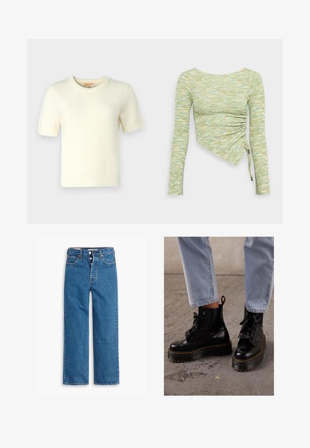 Kurzärmliger, cremefarbener Strickpullover mit geripptem Design, rundem Ausschnitt und leicht verkürzter Passform, der ein klares, minimalistisches Design aufweist.; Langarmshirt aus strukturiertem mintgrünem und gelbem Stoff, mit einem asymmetrischen Schnitt, seitlicher Raffung und Bindebändern am Saum.; Blaue Denim-Jeans mit geradem Bein, hoher Taille, fünf Taschen und Knopfverschluss. Auffällige Nähte und Nieten in Kupferfarbe.; Schwarze Leder-Stiefeletten mit einer dicken Sohle, runder Zehenform, Bändern zum Schnüren, gelben Nähten und einer Schlaufe an der Rückseite.