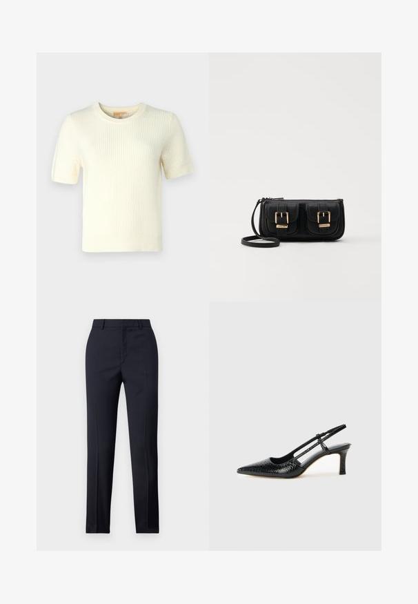 Short-sleeve cream knit sweater with a ribbed texture, round neckline, and a slightly cropped fit, featuring a clean, minimalist design.; Navy tailored trousers with a straight cut, featuring a smooth texture, two front pockets, and a clean waistband.; Black patent slingback heel with a pointed toe, featuring textured snake print, adjustable strap, and a short, textured block heel.; Black leather crossbody bag with two front pockets, gold buckles, zipper closure, and a slim strap. Textured surface and compact rectangular shape.