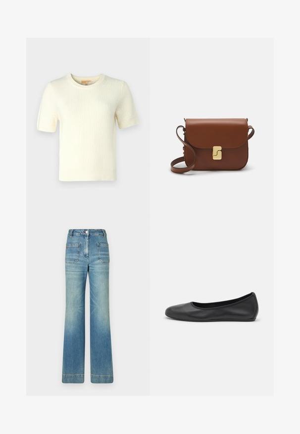 Īsām piedurknēm krēmkrāsas adīta džemperis ar ribotu tekstūru, apaļu kakla izgriezumu un nedaudz īsu piegriezumu, piedāvājot tīru, minimālistisku dizainu.; Gaiši zili džinsi ar platām kājām, piecām kabatām, jostām, pogas aizdari un viegli nolietotu tekstūru, ar sarkanu logotipu uz aizmugures.; Melna ādas baleta kurpe ar noapaļotu purngalu, gludu tekstūru, minimālu šuvju detalizāciju un elastīgu zoles dizainu.; Bordo ādas rokas soma ar atloku, zeltītām detaļām, plecu siksnu un gludu virsmu. Kompakta, taisnstūrveida forma.