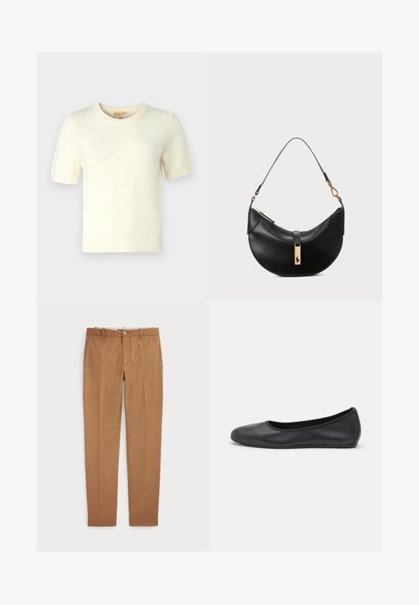 Pulover tricotat crem, cu mâneci scurte și textură ribbed, decolteu rotund și croială ușor scurtă, având un design curat și minimalist.; Pantaloni din bumbac maro cu un design slim-fit, față plată și buzunare standard; textură netedă și tivuri finisate.; Balerini din piele neagră, cu vârf rotund, textură netedă, detalii de cusătură minimale și un design al tălpii flexibil.; Geantă de piele neagră în formă de jumătate de lună. Dispune de un accent din metal auriu și o curea îngustă. Textură netedă, închidere cu fermoar în partea de sus.