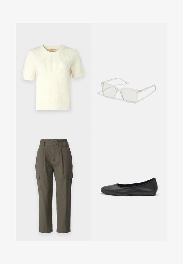 Korte mouw crème gebreide trui met een geribbeld patroon, ronde halslijn en een licht cropped pasvorm, met een schone, minimalistische uitstraling.; Olijfgroene cargobroeken, gemaakt van lichte stof. Kenmerken zijn onder andere een ceintuur in de taille, voorplooien en zijzakken met klepsluitingen.; Zwarte leren ballerina met een ronde neus, gladde textuur, minimale stikdetails en een flexibele zoolontwerp.; Heldere plastic vierkante monturen met doorzichtige glazen, gekenmerkt door gouden accenten op de slapen voor extra detail.