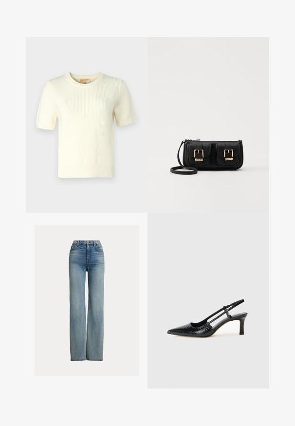 Short-sleeve cream knit sweater with a ribbed texture, round neckline, and a slightly cropped fit, featuring a clean, minimalist design.; High-waisted, straight-leg blue jeans with front pockets, belt loops, and button closure, featuring subtle faded detailing.; Black patent slingback heel with a pointed toe, featuring textured snake print, adjustable strap, and a short, textured block heel.; Black leather crossbody bag with two front pockets, gold buckles, zipper closure, and a slim strap. Textured surface and compact rectangular shape.