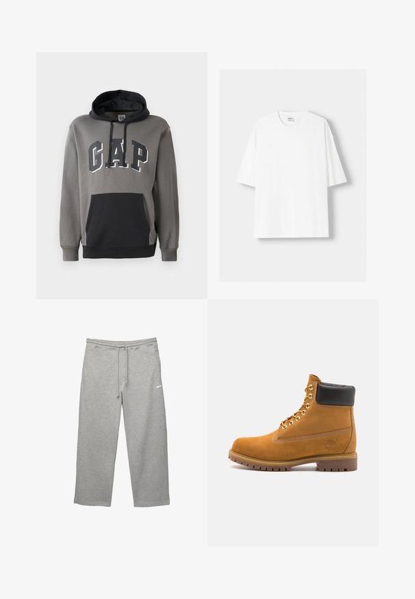 Sivi dukserica s crnim kengur džepom, sadrži "GAP" logo u podebljanim slovima preko grudnog dijela i kapuljaču s vezicom.; Bijela kratkodlana majica s kratkim rukavima, izrađena od pamuka, s okruglim izrezom i opuštenim krojem. Gladak materijal, bez vidljivih uzoraka ili akcenta.; Sive trenerke od mekanog materijala s elastičnim pojasom, podesivom vezicom i bočnim džepovima. Ima mali bijeli logo.; Antracitne antilop čizme do gležnjeva s crnim podstavljenim ovratnikom, zlatnim metalnim rupicama, bijelim šavovima i robusnom gumenom potplatom s izraženim šarama.