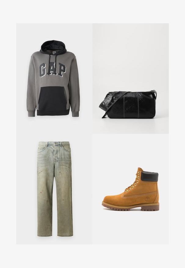 Pilkas vilnos džemperis su juodu kengūros kišeniu, puošia „GAP“ logotipas ryškiomis raidėmis per krūtinę, ir su raišteliu reguliuojama kapisonu.; Šviesiai žaliai nuvarytos džinsinės kelnes, su tiesiomis kojomis, penkių kišenių dizainu, nelygiai blukščiantis ir su dažų lašeliais.; Tan spalvą turintys suknelės batus iki kulkšnies su juodu paminkštintu apvadu, auksiniais metaliniais akių užsegimais, baltais siūlų dekoratyviniais elementais ir tvirtu guminiu padu su ryškiai išreikštais raštais.; Juodas odinis pečių krepšys su užtrauktuku, turintis tekstūruotą paviršių, baltą siuvinėjimą ir dirželį su sidabinėmis metalinėmis detalėmis.