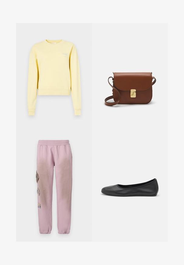Yellow cropped sweatshirt made of soft fabric, featuring long sleeves and a round neckline. Text printed in light blue on the front.; Pink sweatpants with an elastic waistband, featuring decorative patches in diamond shapes on the left side and elastic cuffs at the ankles.; Black leather ballet flat with a rounded toe, smooth texture, minimal stitching detail, and a flexible sole design.; Brown leather handbag with a flap closure, gold-tone hardware, a shoulder strap, and a smooth texture. Compact rectangular shape.