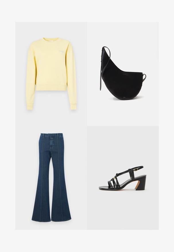 Yellow cropped sweatshirt made of soft fabric, featuring long sleeves and a round neckline. Text printed in light blue on the front.; Denim flared pants in dark blue, with structured seams and a clean finish. Features a mid-rise waistband and wide, flowing legs.; Paul Smith AMIRA - Classic heels - black; Black leather handbag with a curved moon shape, featuring a slim strap and subtle gold branding on the front. Smooth texture with minimal hardware.