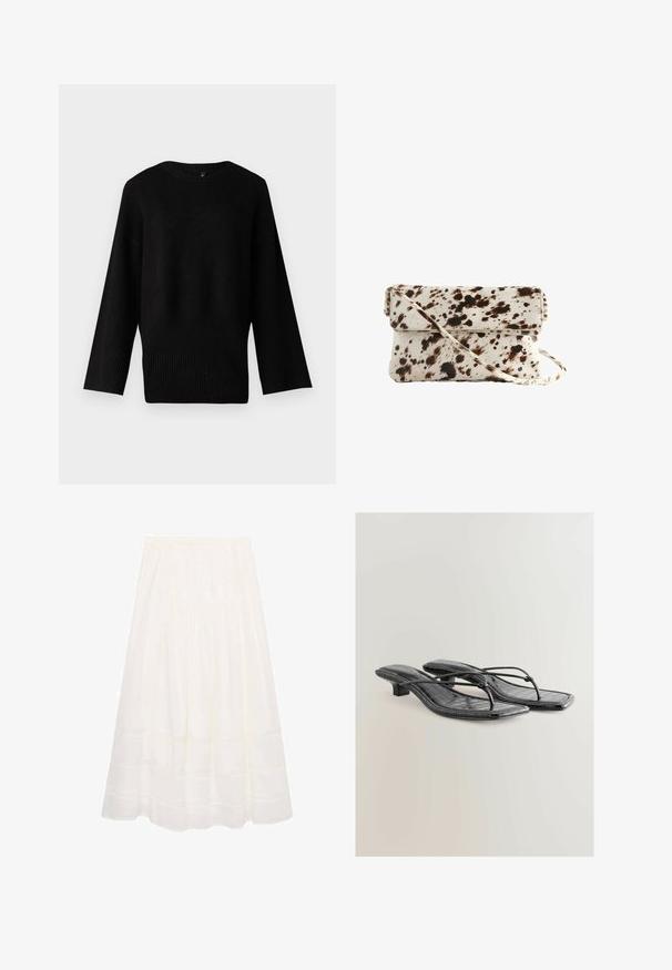 Zwarte gebreide trui met een brede, ronde halslijn, lange mouwen en ribgebreide zoom. De textuur lijkt zacht en iets rekbaar.; Zwart langetermijn shirt van ribstof. Het heeft een ronde halslijn en een aansluitend ontwerp zonder zichtbare patronen of accenten.; Witte, midi-lange rok van lichtgewicht stof met een gathered taille, voorzien van subtiele horizontale naai-details en een vloeiende silhouet.; Zwarte gepatenteerde nepleren sandalen met hak, vierkante neus, dunne bandjes en krokodillenstructuur. Ontwerp met lage blokhak.; Cowhide handtas met een roomkleurige basis en donkere bruine vlekken, rechthoekige vorm, vouwklep en een afneembare schouderband.